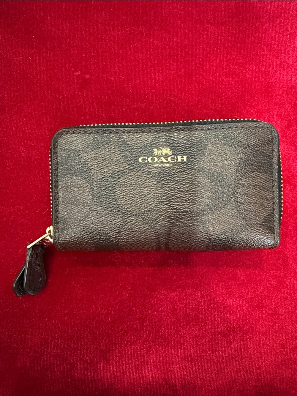 Coach Black Zip-Around Leather Wallet with Gold Logo